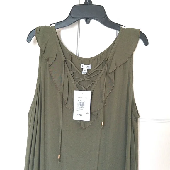 Love - fire women's sleeveless ruffle v neck olive green midi dress size L - Picture 3 of 9